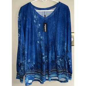 Zeagoo Top, Woman's Plus Size 2xl Blue Floral, Polyester Blend NEW